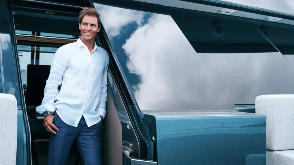 tennis star rafa nadal by saloon door of luxury motor yacht
