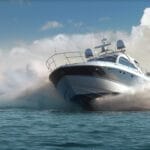 Fast large powerboat bow on with lots of spray