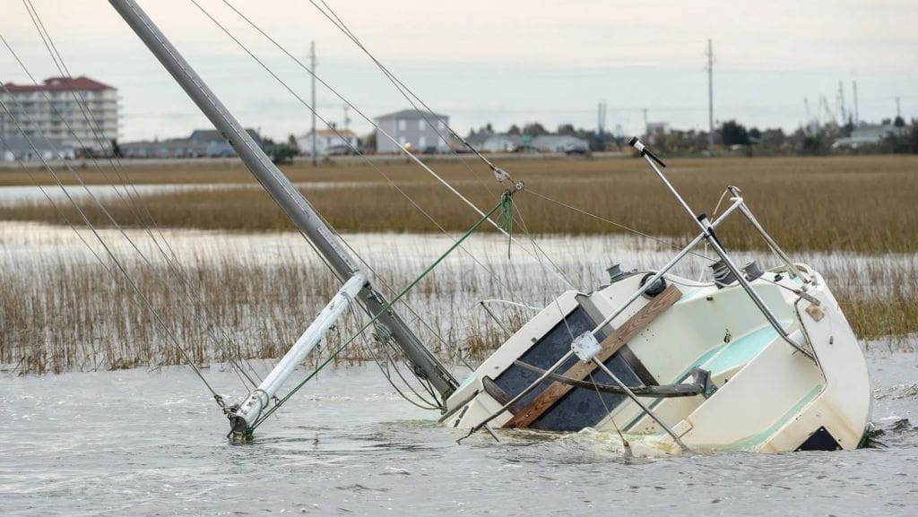 Derelict sailboat just outside Beaufort Harbor. BoatUS Foundation NOAA Grant to remove derelict vessels and fishing nets from Beaufort Harbor in Beaufort, North Carolina. November 2018 working with TowBoatUS Beaufort © BoatUS Foundation