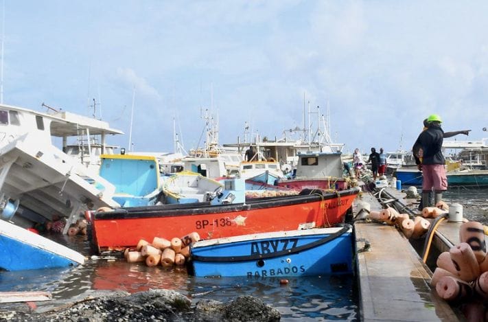 Pile up of fishing boats after Hurricane Beryl