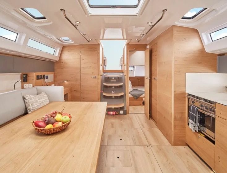 Interior Elan Impression 43 showing table and galley space