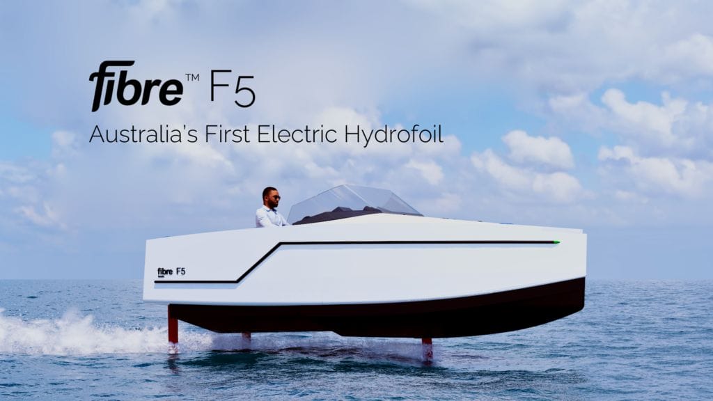 White hydrofoiling boat hovering over the water. The Fibre Boats F5 will be on show at Sydney International Boat Show 2024