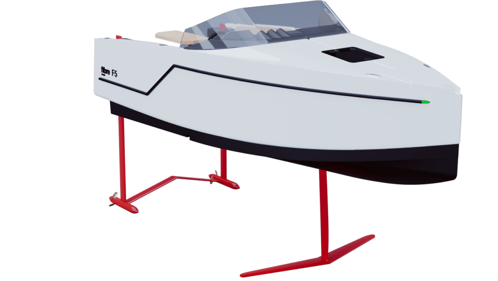 Fibre F5 hydrofoil boat design rendering showing red foils