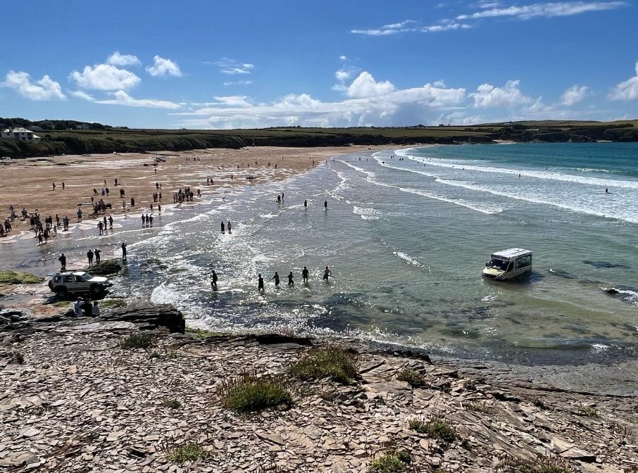 human chain to pull out ice cream van swept out to sea in Cornwall