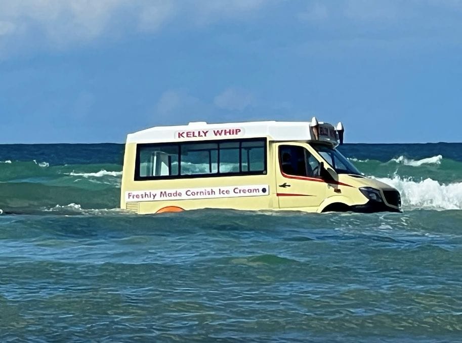 ice cream van swept out to sea in Cornwall bobs around