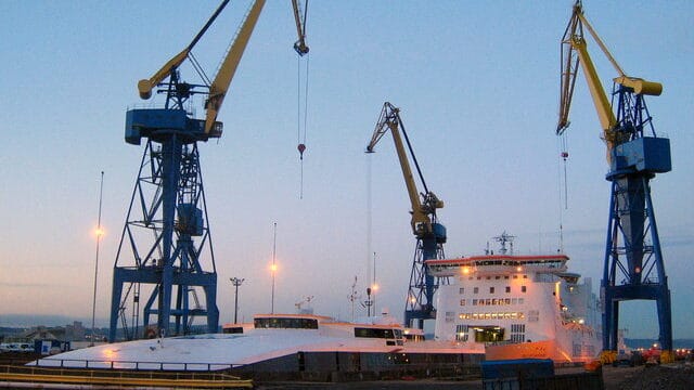 'Isle of Inishmore' and 'Jonathan Swift' in Belfast. The Irish Ferries operated vessels 'Jonathan Swift' and 'Isle of Inishmore', seen here in dry dock at Harland and Wolff in Belfast.