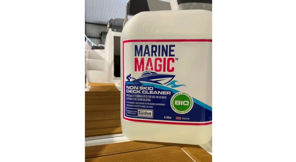 a carton of Marine Magic deck cleaner on a deck