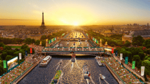 an artist's aerial impression of what the Paris Olympics opening ceremony will look like with people lining the banks of the Seine and boats meandering