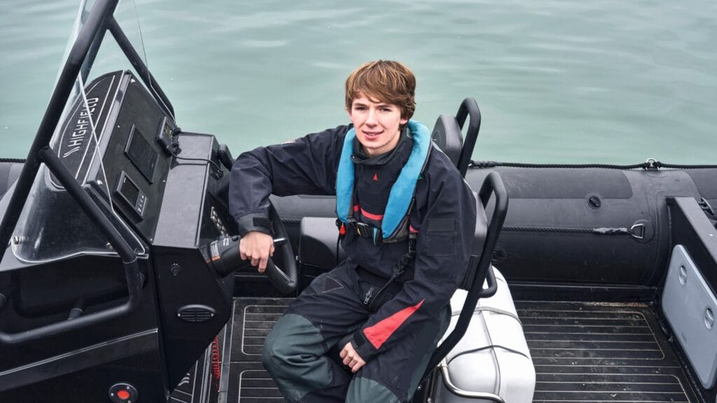 Harry Besley in a boat before the Round Britain eRIB challenge.