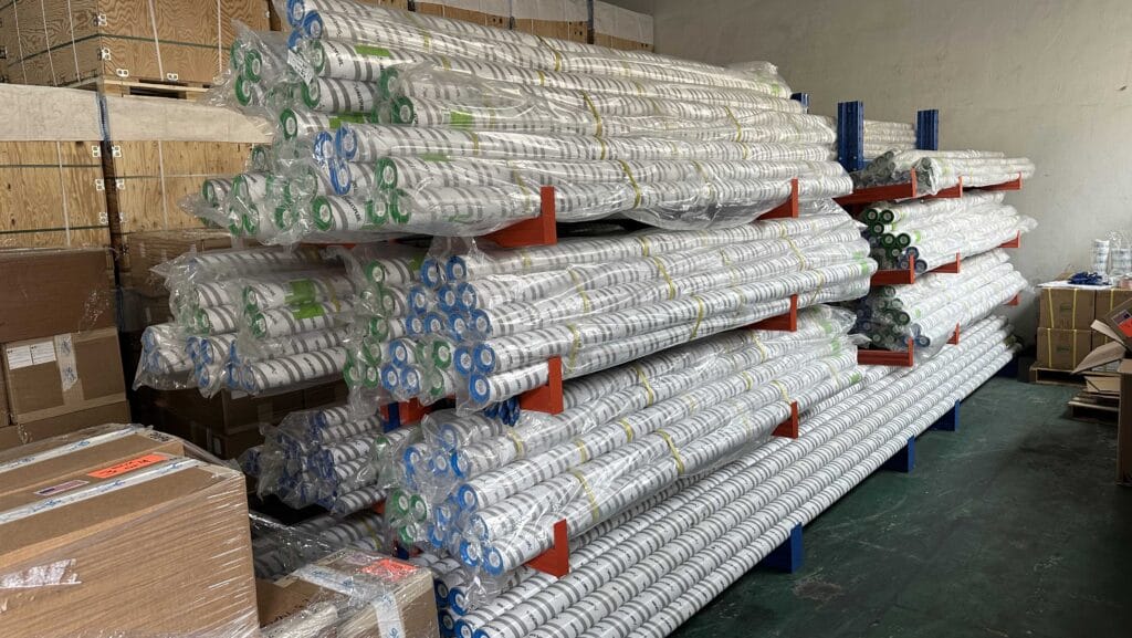 multiple antennae from Shakespeare Marine stacked up in a warehouse for marine distribution