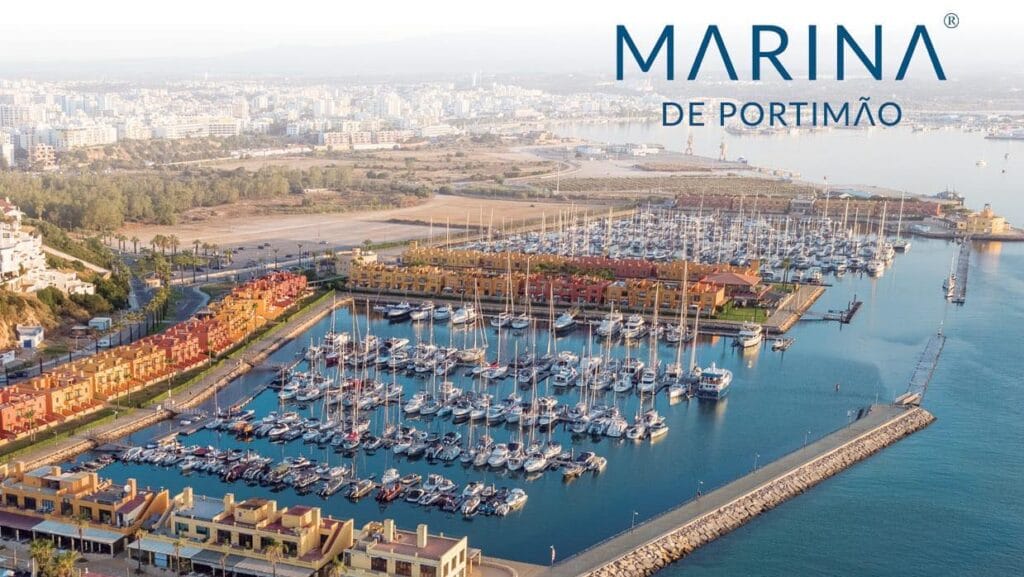 birds eye view of marina de portimao in Portugal showing two large marina basins with boats in berths