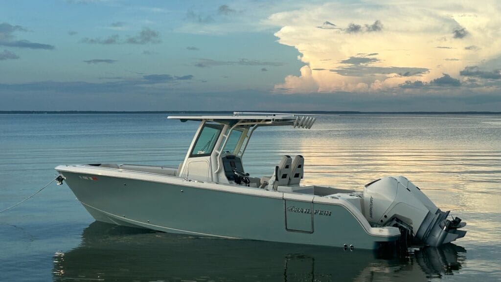 White outboard inshore fishing leisure boat