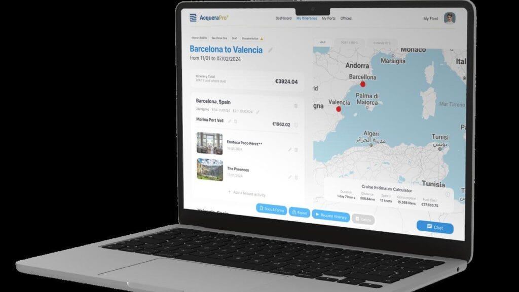 A laptop open with AcqueraPro platform showing. This system connects captains with marinas and ports to help save in bureaucracy
