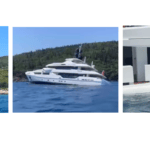 Three pictures of Ethos superyacht taking on water in Greece after tender garage door left open. First is yacht in shallow water, then with list, then close up of starboard