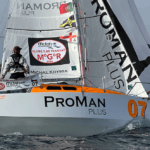 sailor on very small boat - this is Class Globe 580 boat set to take part in round the world race