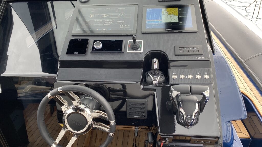 Boat control panel. Vetus is a integration partner for brands including Yamaha – pictured is the Yamaha Helm Master EX controls (joystick and control head) which connects to the VETUS BOW PRO thruster range