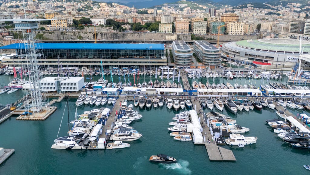 aerial shot of Genoa boat show marina