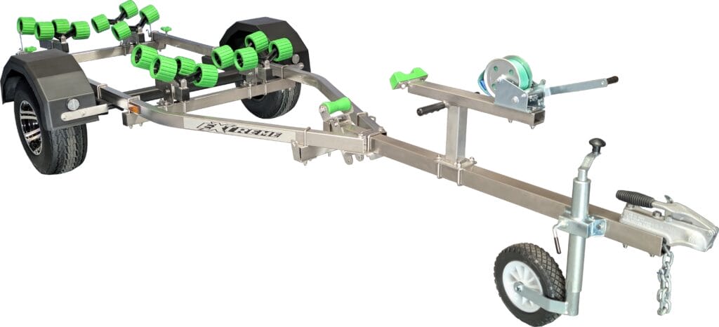 stainless steel boat trailer with green detailing