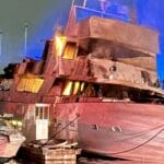 Large white yacht on fire in marina