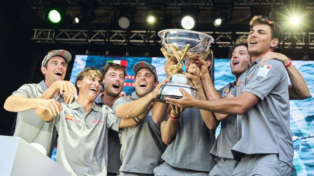 Italian youth team hold up unicredit youth America's Cup - they are jubilant