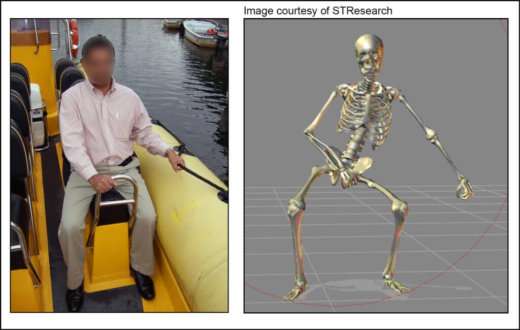 Man in RIB next to image of skeleton as part of work looking at passenger safety in RIBs