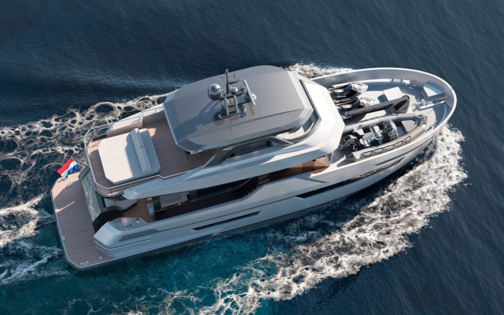 aerial view of outer Reef luxury motor yacht with flybrdge