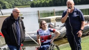 Paul Elgood (The Wheelyboat Trust), Laurie Williams and Martin Ware (Debdale Outdoor Centre) at the launch. Credit Robert Noble Photographyjpg