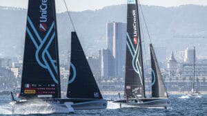 Racing sailboats battle it out on the waters of Barcelona