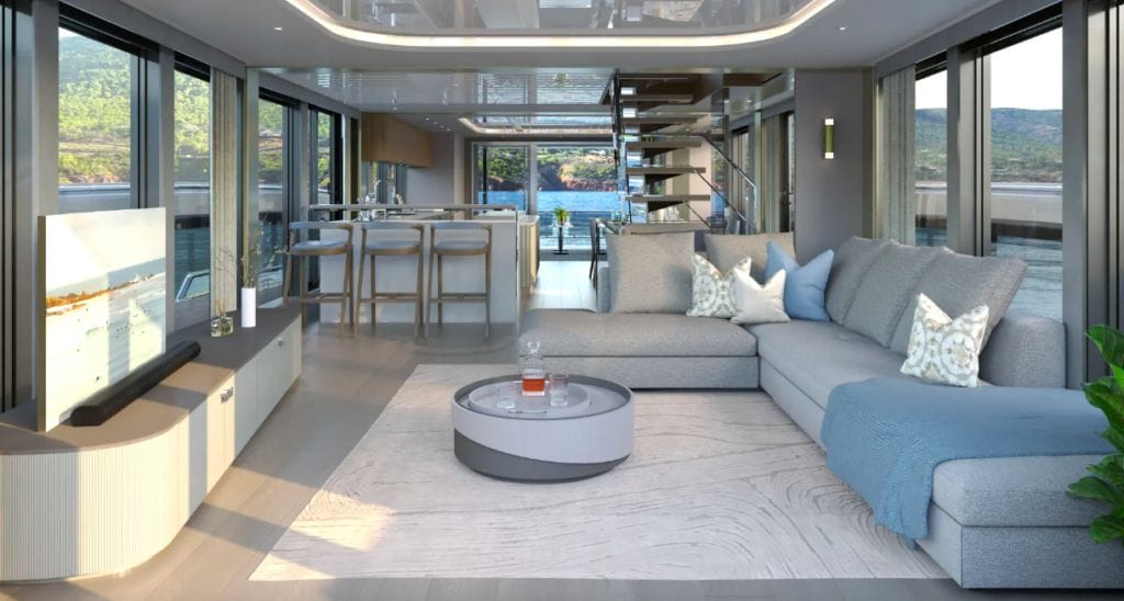 interior of Sunseeker showing couches and carpet