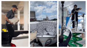 Series of images - man with sandbang, boat wrapped up, woman takes down flags. This is the prep done by Tampa Convention Centre to ready for Hurricane Helene before IBEX