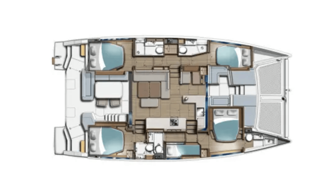 birdseye schematic of the deck layout of the 4600 catamaran