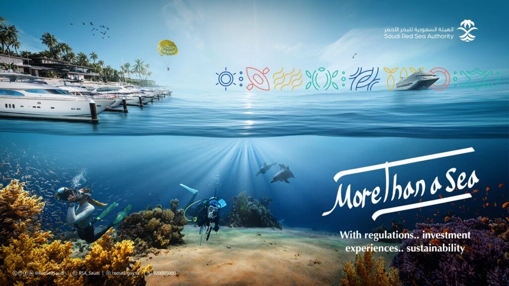 poster advertising Red Sea tourism with boat and coral reef