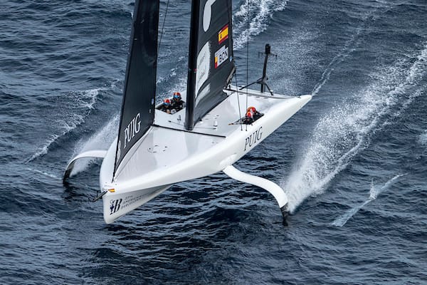 AC40 foiling boat from above racing 