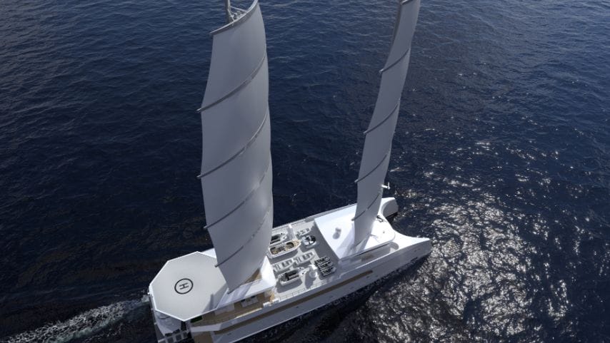 aerial view of catamaran from Echo Yachts said to be largest sailing catamaran in world