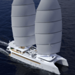 Aerial view of large catamaran with two sails