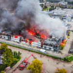 Aerial view of Allpa as flames ravage the distribution centre in the Netherlands