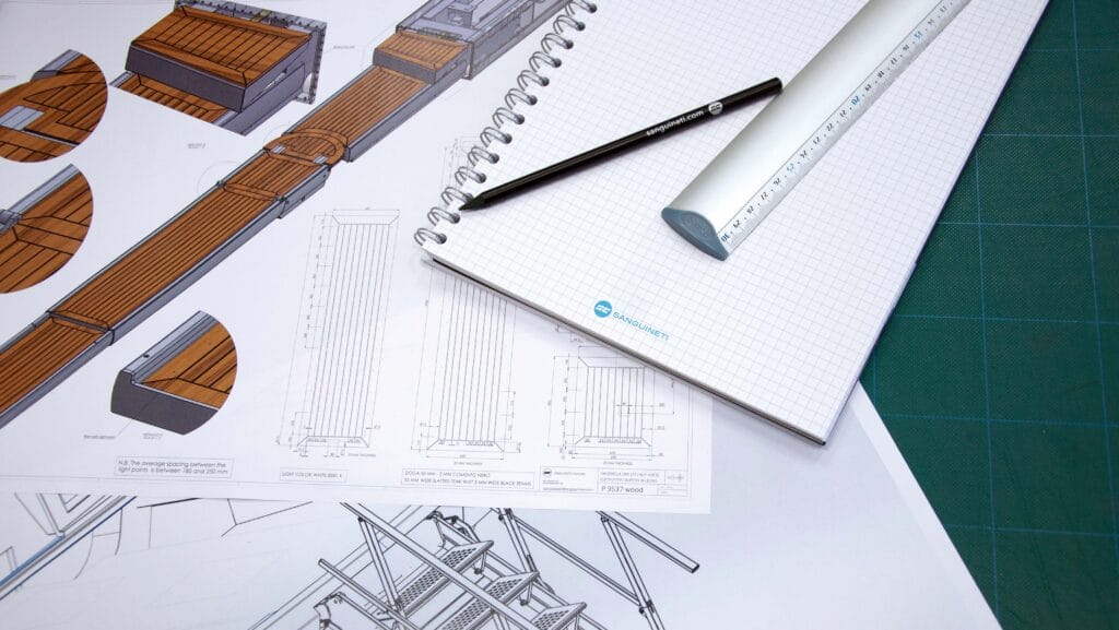 ruler, pencil and technical drawing all part of Sanguineti's process to make products for superyachts.