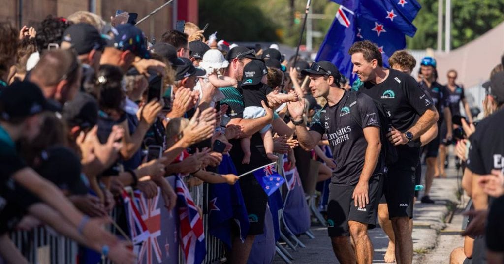 ETNZ sailors greet a gleeful crowd of supporters