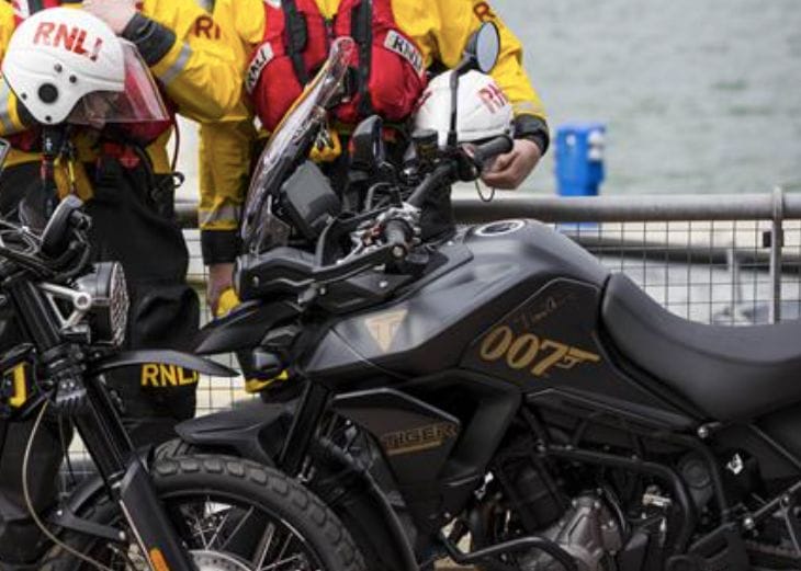 Close up of 007 logo on motorbike donated by Daniel Craig aka James Bond to RNLI