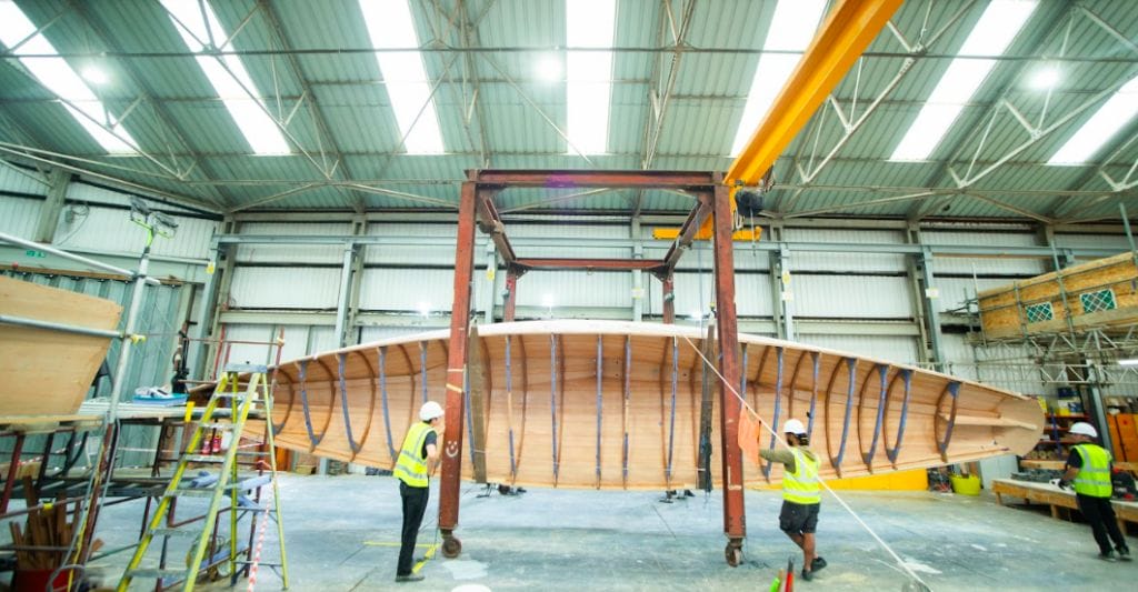 wide view Spirit Yachts Q class Falcon Project boat in shed