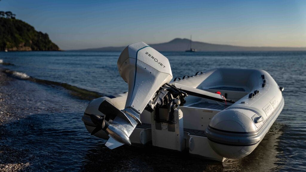 Zerojet outboard on back of grey RIB