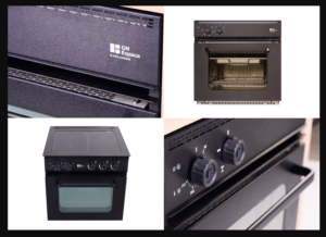 four images of cooker fronts and units in black from GN Espace