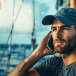 AI generated image of sailor on boat in baseball hat, holding phone. Made by KVH Industries with its logo in the corner