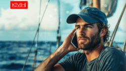 AI generated image of sailor on boat in baseball hat, holding phone. Made by KVH Industries with its logo in the corner