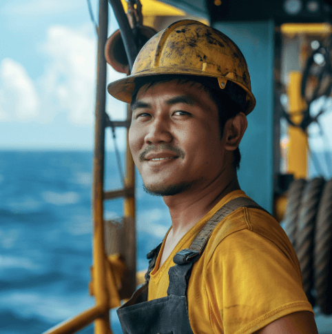 Seafarer in yellow hat and t-shirt generated by AI for marine use by KVH Industries