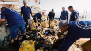 people collecting and sorting marine litter