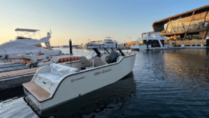 An X Shore electric boat in the water in Dubai