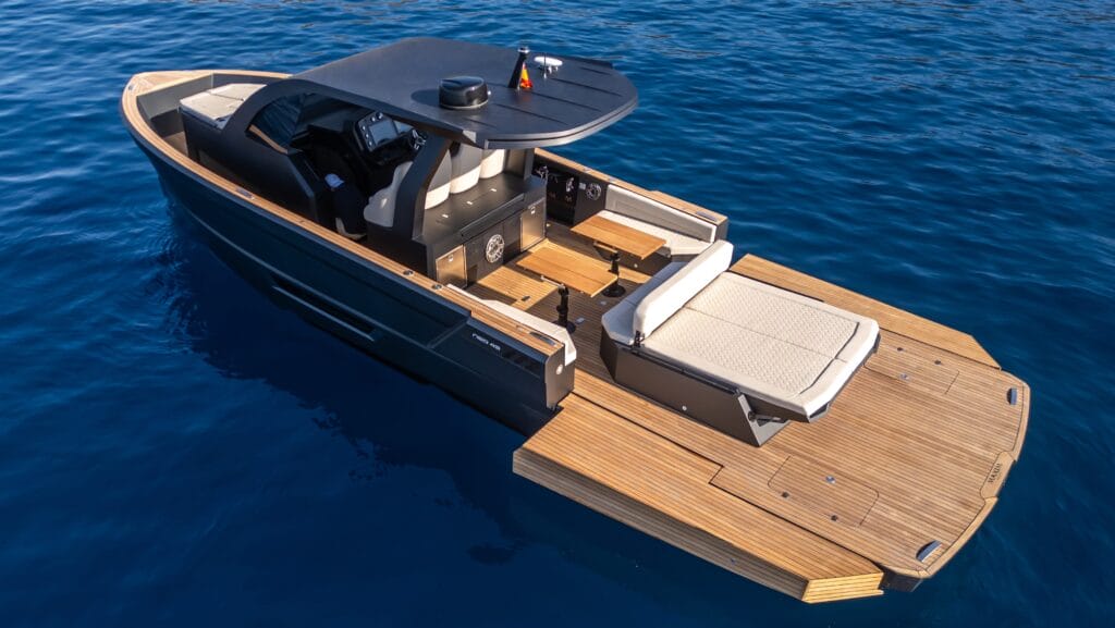 Side aerial view of motor boat - the Maxim Yachts 43