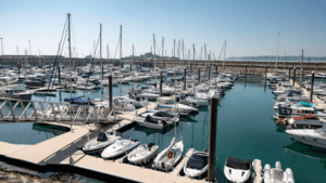 Looking over marina at Port of Jersey many yachts can be seen