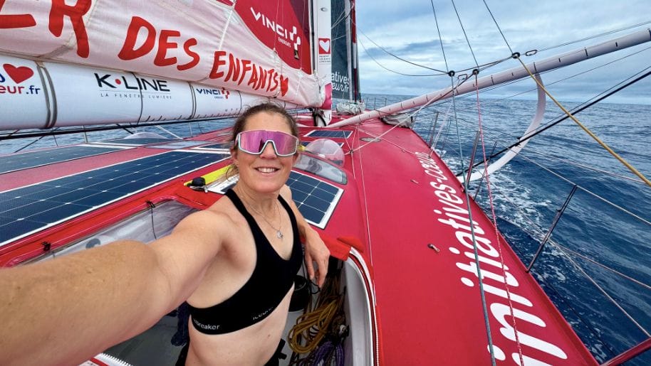 Sam Davies takes selfie on her red Vendee Globe boat